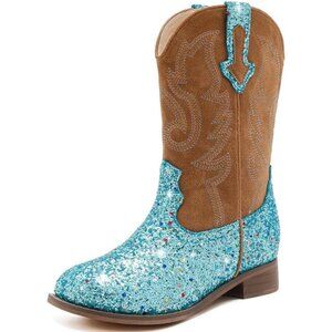 Kids Blue Sequins Boots Glitter Toddler Little Big Mid Western Riding Shoes